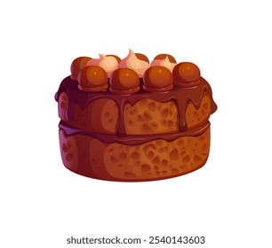 Chocolate cake with sweet cream or cacao dessert, vector pastry icon. Chocolate bakery and confection food of sponge biscuit cake with cacao cream and whipped cream or praline and nougat confection