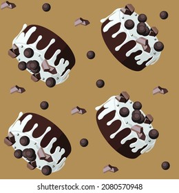 Pastel de chocolate con dulces y gonache blanco sobre fondo dorado. Patrón sin foco. Ilustración de material vectorial.