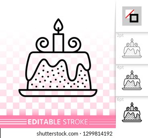 Chocolate Cake thin line icon. Outline dessert sign. Sweet food linear pictogram with different stroke width. Simple vector transparent symbol. Birthday bakery editable stroke icon without fill