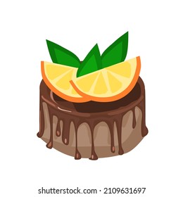 chocolate cake topped with chocolate cream There are orange slices and leaves are placed on top.Isolated vector illustration on a white background.