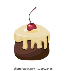 Chocolate cake topped with milk, with red cherries on top, vector illustration isolated on a white background.Coffee time. Eat with coffee.