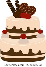 Chocolate cake topped with various desserts.