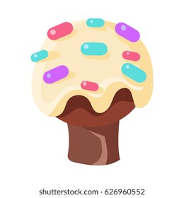 Chocolate cake tree overed with white icing and sweets. Colorful cartoon vector Illustration