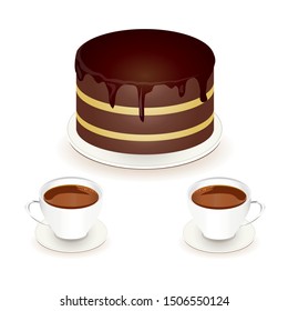 Chocolate cake two cup of coffee. White cup brown cake on white. Design element stock vector illustration for web, for print, for restaurant menu, for caffe