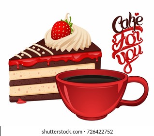 Chocolate cake with vanilla cream, strawberry and cup of coffee