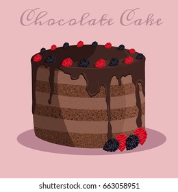Chocolate cake vector illustration.  Tasty cake with berries and chocolate cream.