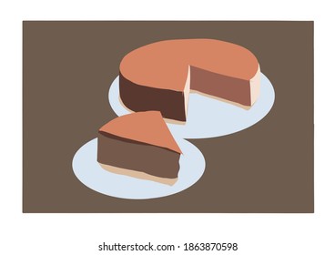 Chocolate cake. Vector image of a delicious chocolate cake with a cut piece of cake