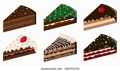 Chocolate cake vector set. Cute cartoon piece of cake. Chocolate, Vanilla, Strawberry, Sprinkles, Christmas theme topping sauce.