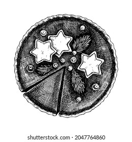Chocolate cake vector sketch. Hand drawn baking cake with Christmas decoration elements. Baked dessert illustration. Traditional winter holiday decor with berries, cookies, fir twigs.