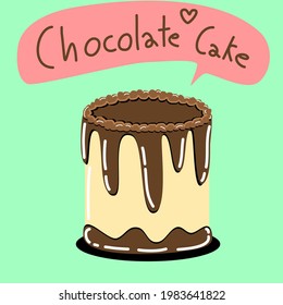Chocolate Cake Vector. topping with chocolate lava and whipped cream. on light green background.