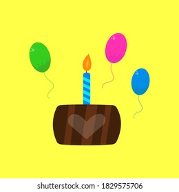 Schokoladenkuchen, bei dem neben Ballons auf gelbem Hintergrund eine blaubrennende Kerze eingefügt wird, die Objekte auf gelbem Hintergrund fliegen, das Konzept des Urlaubs und herzlichen Glückwunwunsch