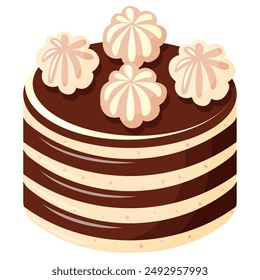 Chocolate cake with whipped cream. The cake is decorated with four small meringue flowers.