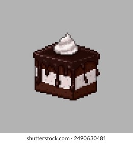 Chocolate cake with whipped cream, pixel art food
