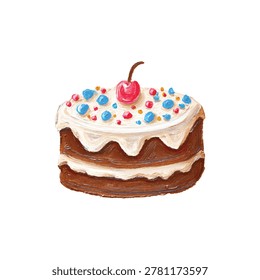 Chocolate cake with white frosting cherry on top and colorful sprinkles