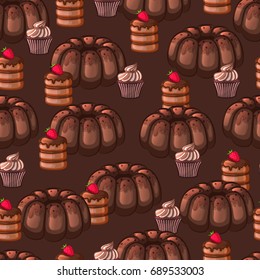 Chocolate cakes and cupcakes. Seamless pattern. Vector illustration.