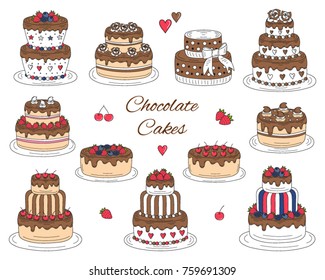 Chocolate cakes set, vector hand drawn, colorful doodle illustration. Tasty chocolate cakes with cherry and strawberry, isolated on white background. 