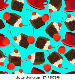 Chocolate cakes with white cream and ripe cherries and red tea cups on an emerald background. Seamless pattern on a culinary theme. Vector drawing.