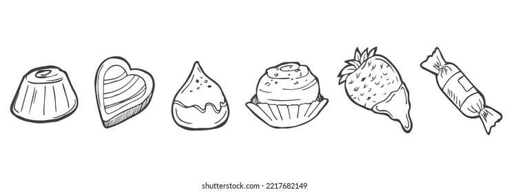 Chocolate candies assorted. Hand drawn vector illustration in sketch style isolated on white. For design stickers, menu, candy shop.