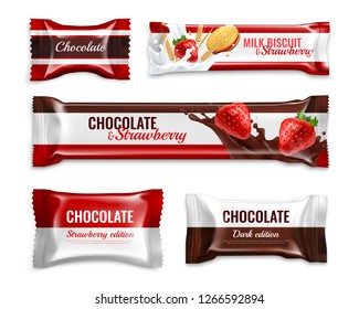 Chocolate candies and biscuits realistic packaging design set with delicious milk strawberry ingredients colorful isolated vector illustration