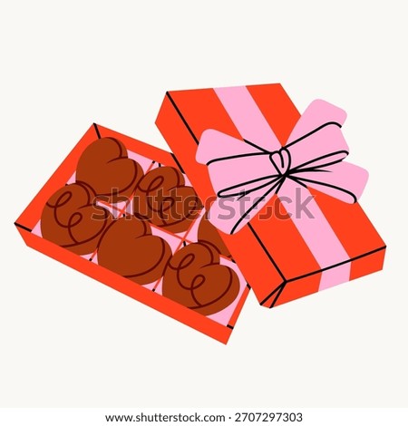 Chocolate candies in a box with bow. Candies, sweets in box. Tasty cocoa products. Hand drawn trendy Vector illustration. Sweet, delicious dessert. Isolated design element. Present, gift concept