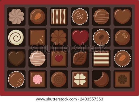 Chocolate candies in a box on a white background. Vector illustration.