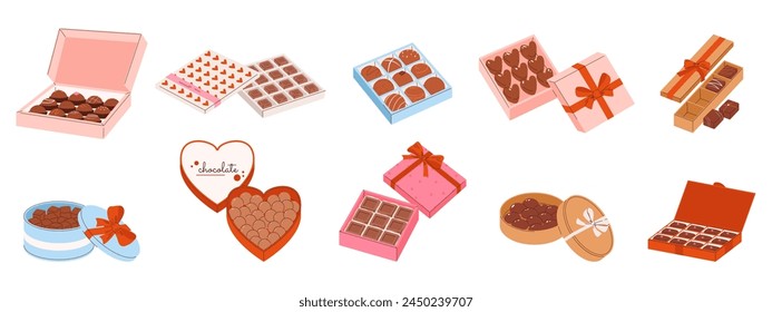 Chocolate candies boxes. Choco presents, candy in gift box with bow. Desserts, cocoa products. Sweet tasty products for gifts, snugly vector set