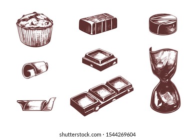 Chocolate candies  and Cacao vector vintage hand drawn set. Different elemets including cacao in mug with marshmallows , muffin etc.