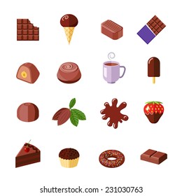 Doces de chocolate bolos muffin e donut ícones planos definir ilustração vetorial isolada