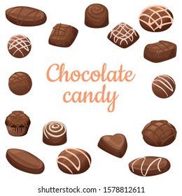 Chocolate candies cartoon set, isolated dark chocolate candy illustrations.
