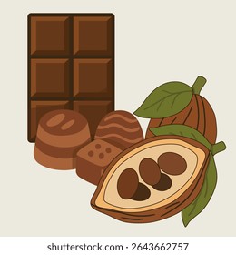 Chocolate, doces de chocolate e grãos de cacau sobre um fundo claro.