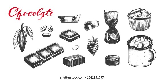 Chocolate candies  and Cocoa beans vector vintage hand drawn set. Different elemets including cacao in mug with marshmallows , muffin etc.