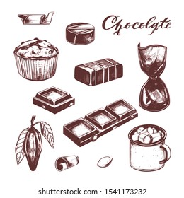 Chocolate candies  and Cocoa beans vector vintage hand drawn set. Different elemets including cacao in mug with marshmallows , muffin etc.