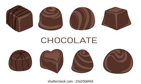 Chocolate candies and comfits sweets on a white background. Sweet foods. Hand drawn Vector illustration.