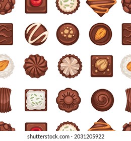 Chocolate candies with cookies, nuts and sweet cherry. Confectionery and desserts in shop or store, restaurant or bakery with menu. Seamless pattern, background or print, vector in flat style