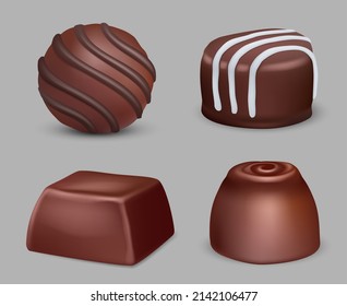 Chocolate candies. Delicious dessert various geometrical sweets with jam bonbons dark truffle decent vector sugar candies in realistic style