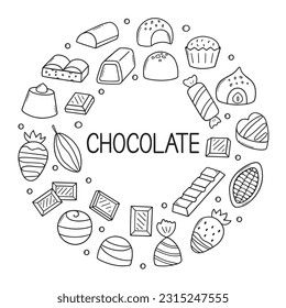 Chocolate candies doodle set.  Different kinds of chocolate. Hand drawn vector illustration isolated on white background