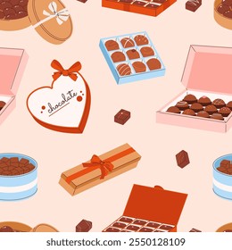 Chocolate candies in gift boxes. Seamless pattern with different sweet presents, box with bows. Tasty dessert fabric print, decorative vector background