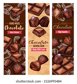 Chocolate candies, handmade desserts. Vector confectionery, cocoa sweets of dark chocolate with nuts and caramel. Choco treats, natural black chocolate of heart and square shape, comfit snacks