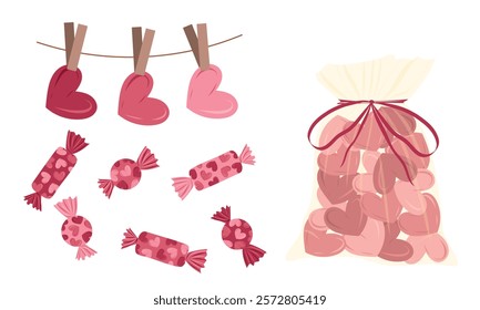 Chocolate candies in heart decorated foil, bag with cookies in red chocolate glaze isolated on white background. Hand drawn vector illustration in doodle flat style. Valentines day concept, gift, love