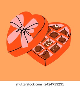 Chocolate candies in heart shaped box. Candies, sweets in box. Tasty cocoa products. Hand drawn trendy Vector illustration. Sweet, delicious dessert. Isolated design element. Present, gift concept