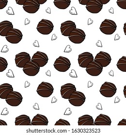 Chocolate candies with hearts seamless pattern on white background. Hand drawn sweet food desserts. Vector confectionery treats.