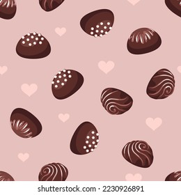 Chocolate candies and hearts seamless pattern. Vector background with sweets. Cartoon illustration.