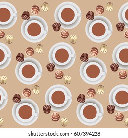 Chocolate candies and hot chocolate.Pattern. Design for candy boxes, textiles, napkins, wrapping paper, hot chocolate. Seamless pattern