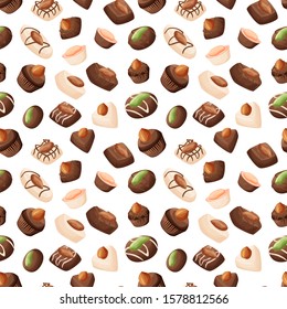 Chocolate candies with nuts cartoon pattern, isolated chocolate candy illustrations.