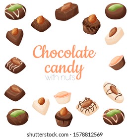 Chocolate candies with nuts cartoon set, isolated chocolate candy illustrations.
