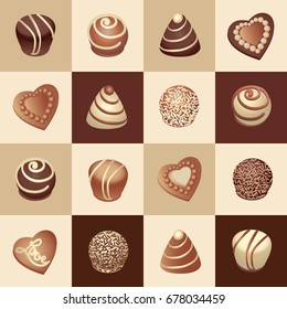 Chocolate candies on a chessboard. Set. Emblem. Design for menus, napkins, tablecloths, packaging materials, printing on fabric or paper.