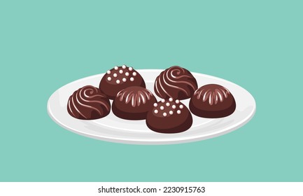 Chocolate candies on a white plate. Vector illustration of sweets in cartoon flat style.