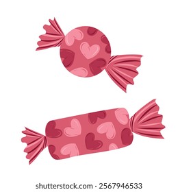 Chocolate candies in red foil with hearts as a concept of happy Valentines day celebration. Hand drawn vector illustration in flat style. Wrapped lovely sweeties, confectionery, cafe, gift