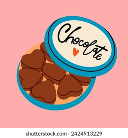 Chocolate candies in round box. Heart shaped candies in a box. Tasty cocoa products. Hand drawn trendy Vector illustration. Sweet, delicious dessert. Isolated design element. Present, gift concept