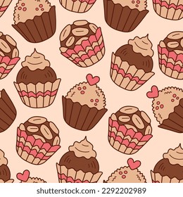 Chocolate candies seamless background. Pretty hand drawn food seamless pattern with round Brazilian brigadeiro desserts for wallpaper, packaging, sweet shop decorating. Vector illustration